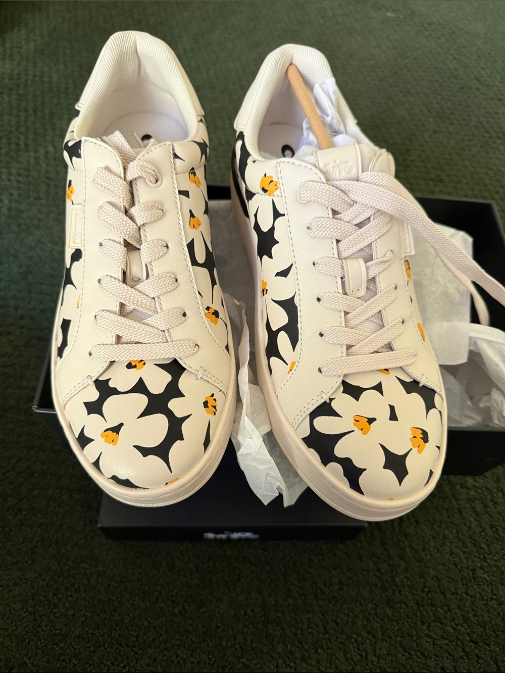 Coach Floral Print Cream Sneakers with Black & Yellow Accents